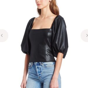 NWOT Amanda Uprichard Black Faux-Leather Puff-Sleeve Square-Neck Top Size Small